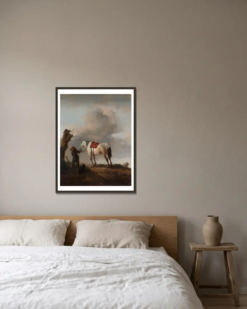 Der graue Hengst von Philips Wouwerman gerahmt an einer Wand