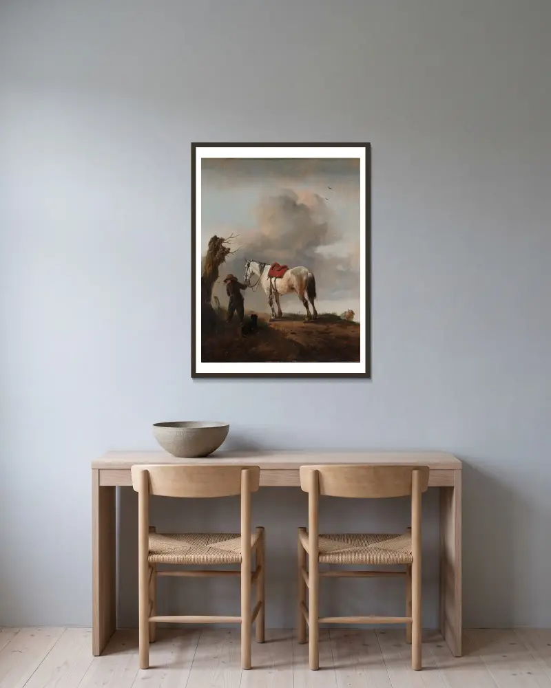 Der graue Hengst von Philips Wouwerman gerahmt an einer Wand