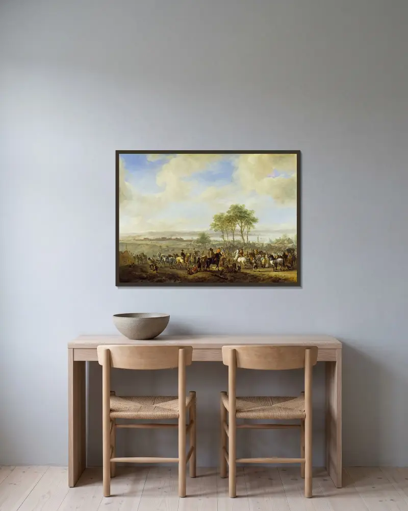 Der Pferdemarkt von Philips Wouwerman gerahmt an einer Wand