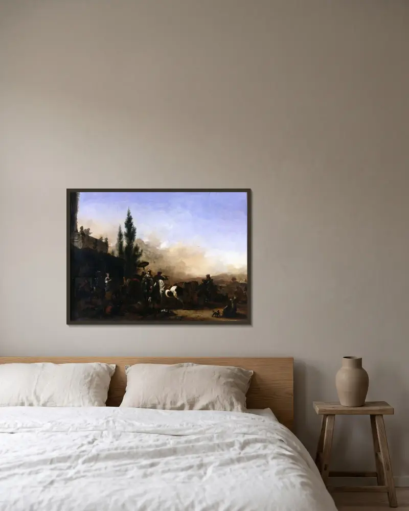 Die Rückkehr von der Falkenjagd von Philips Wouwerman gerahmt an einer Wand