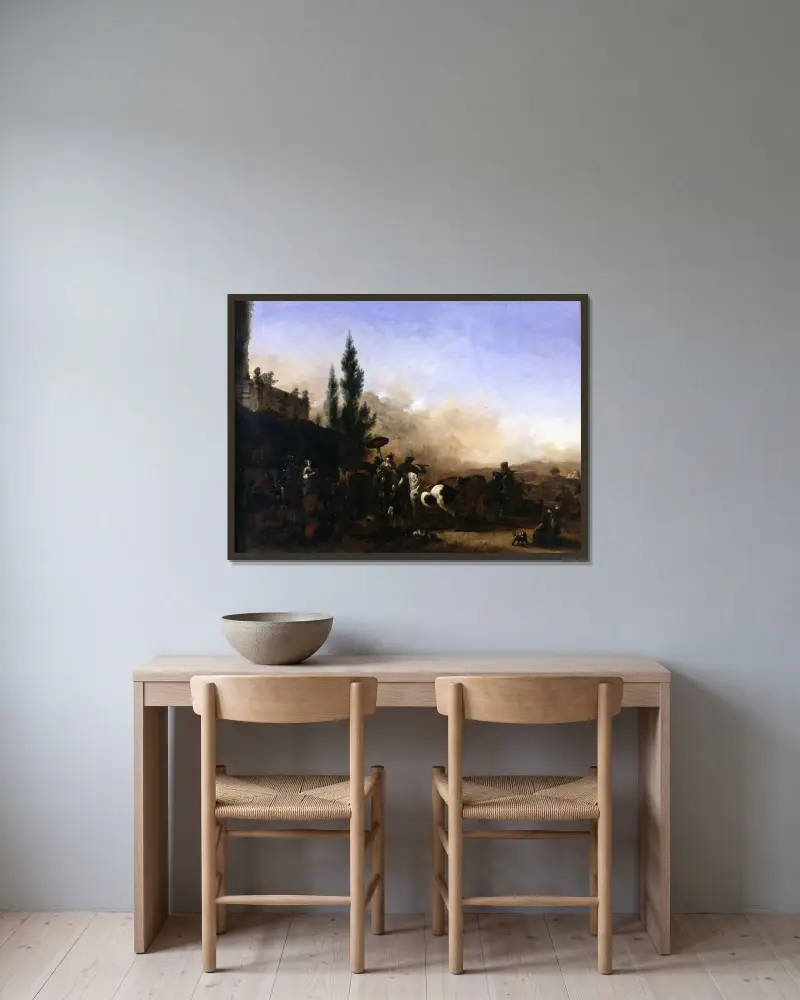 Die Rückkehr von der Falkenjagd von Philips Wouwerman gerahmt an einer Wand