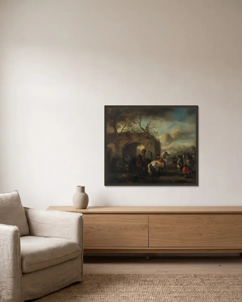 Ridskolan av Philips Wouwerman inramad på en vägg