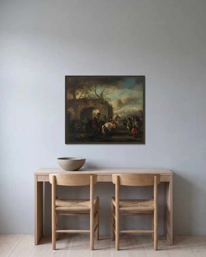 Ridskolan av Philips Wouwerman inramad på en vägg
