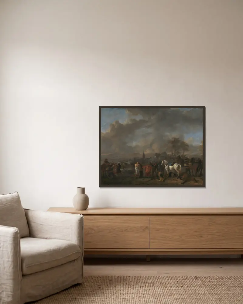 Der Sieg der Bauern von Philips Wouwerman gerahmt an einer Wand