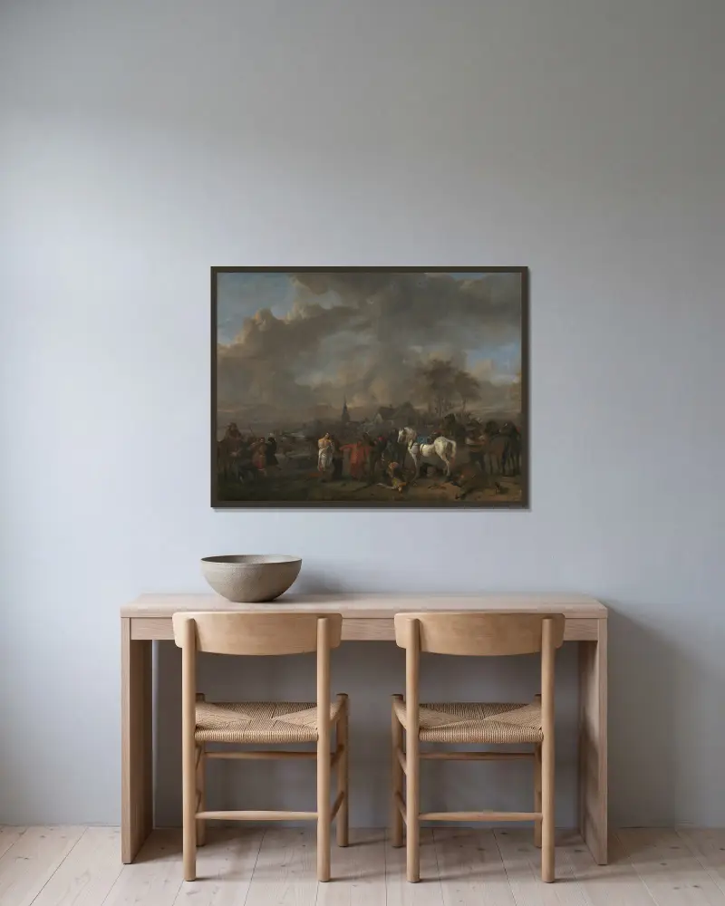 Der Sieg der Bauern von Philips Wouwerman gerahmt an einer Wand