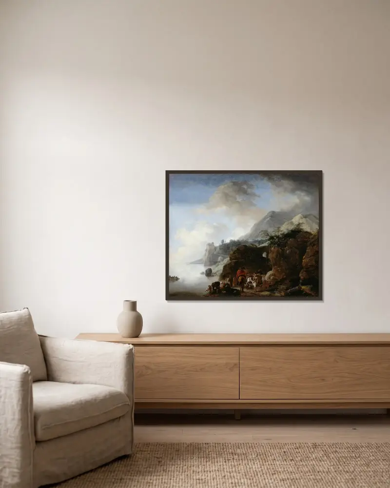 Reisende, die auf eine Fähre warten von Philips Wouwerman gerahmt an einer Wand
