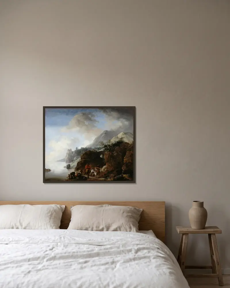 Reisende, die auf eine Fähre warten von Philips Wouwerman gerahmt an einer Wand