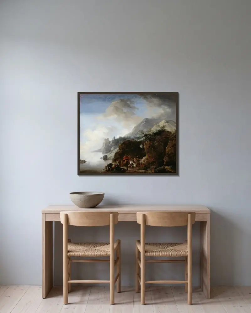Reisende, die auf eine Fähre warten von Philips Wouwerman gerahmt an einer Wand