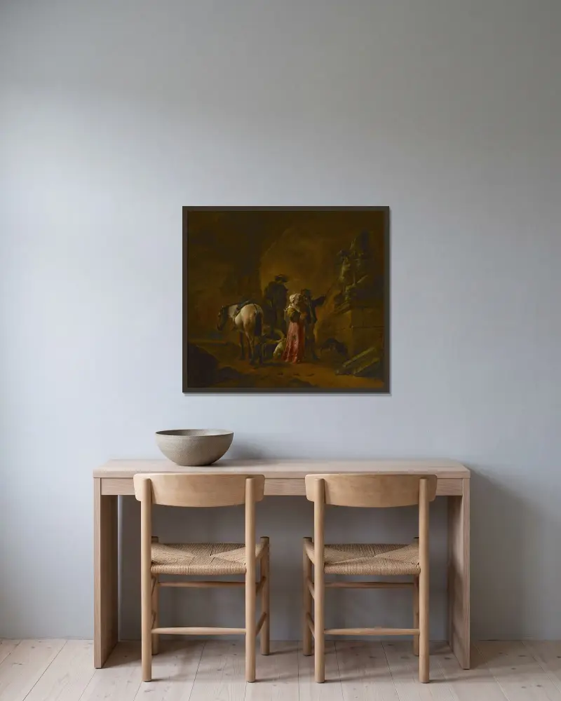 Reisende in einer Höhle von Philips Wouwerman gerahmt an einer Wand