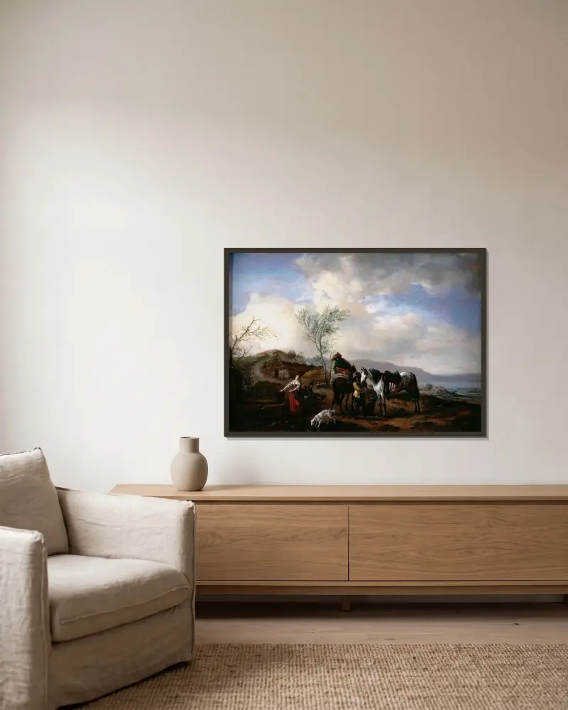 Zwei Reiter an einem Brunnen von Philips Wouwerman gerahmt an einer Wand