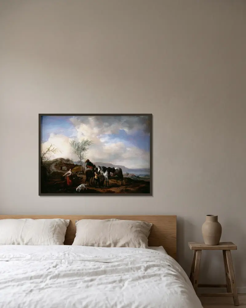 Zwei Reiter an einem Brunnen von Philips Wouwerman gerahmt an einer Wand