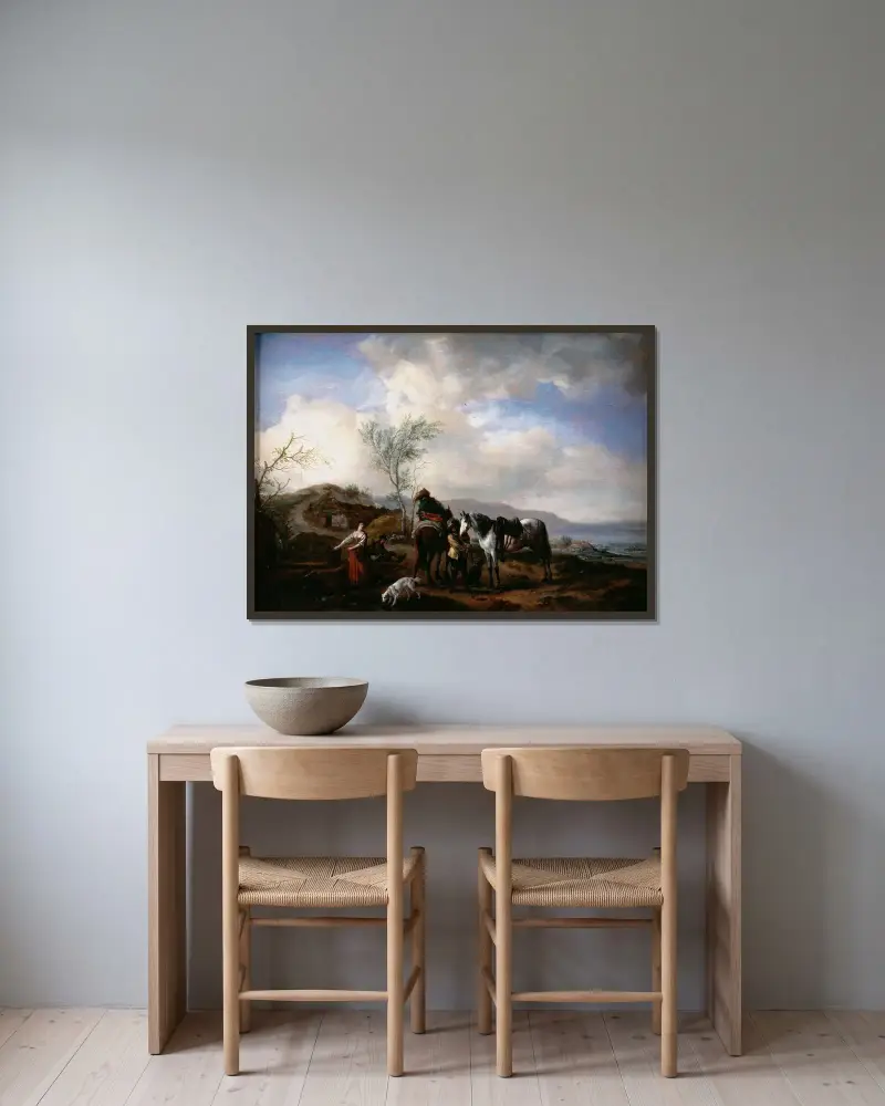 Zwei Reiter an einem Brunnen von Philips Wouwerman gerahmt an einer Wand