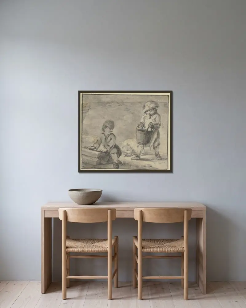 Zwei Knaben bei einem Hund, der in der Mitte liegt von Philips Wouwerman gerahmt an einer Wand