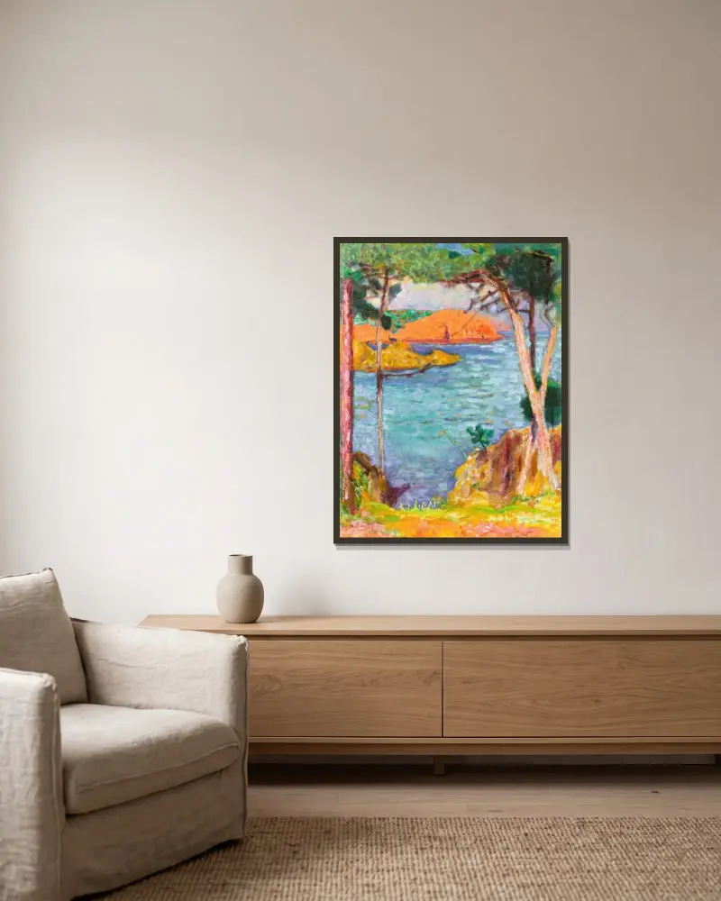 Meeresufer, Pinien und rote Felsen von Pierre Bonnard gerahmt an einer Wand