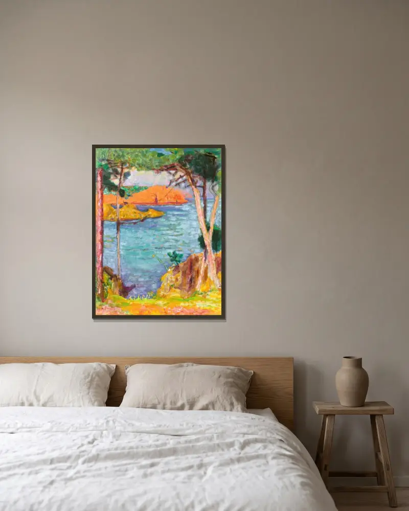 Meeresufer, Pinien und rote Felsen von Pierre Bonnard gerahmt an einer Wand