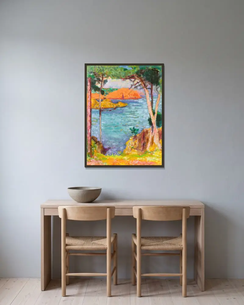 Meeresufer, Pinien und rote Felsen von Pierre Bonnard gerahmt an einer Wand