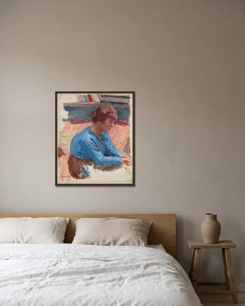 Femme pensive au corsage bleu av Pierre Bonnard inramad på en vägg