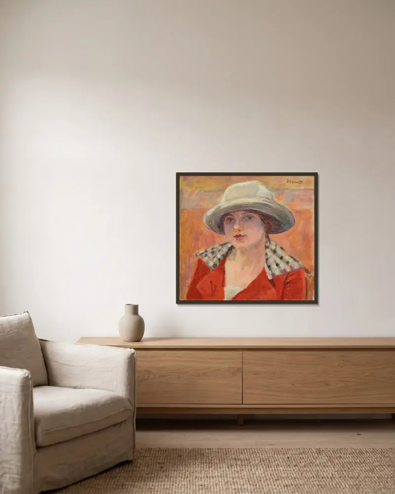 Jeune Femme au chapeau blanc ou Étude de tête av Pierre Bonnard inramad på en vägg
