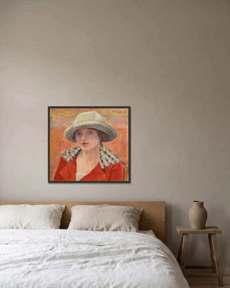 Jeune Femme au chapeau blanc ou Étude de tête av Pierre Bonnard inramad på en vägg