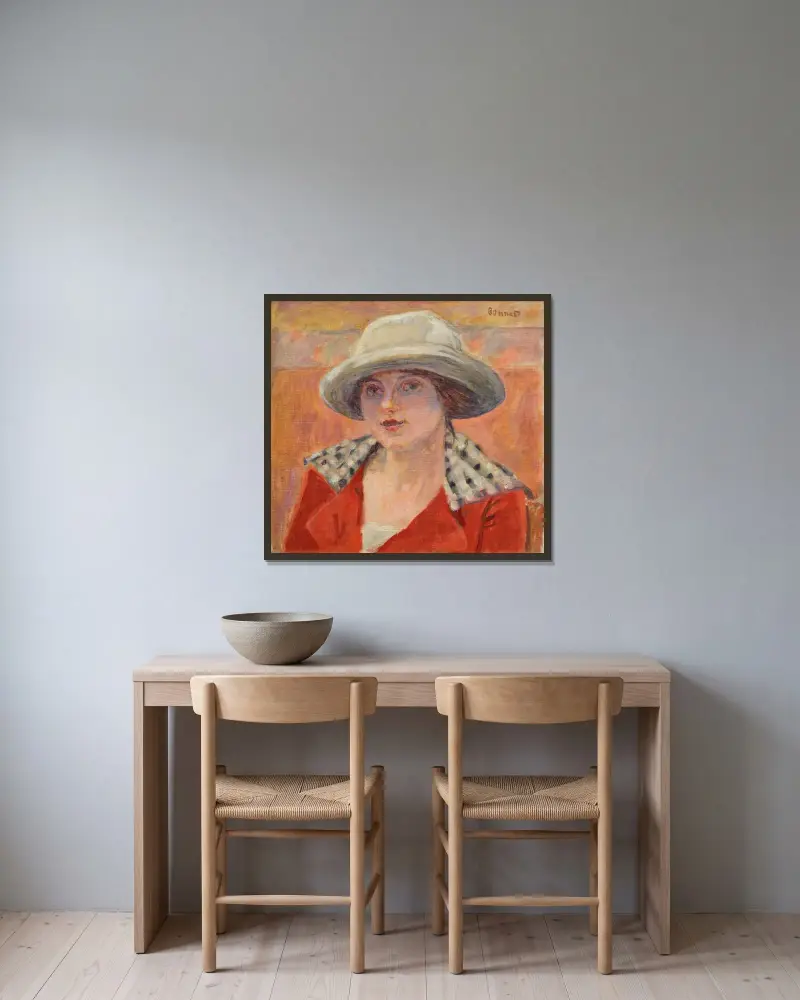 Jeune Femme au chapeau blanc ou Étude de tête av Pierre Bonnard inramad på en vägg