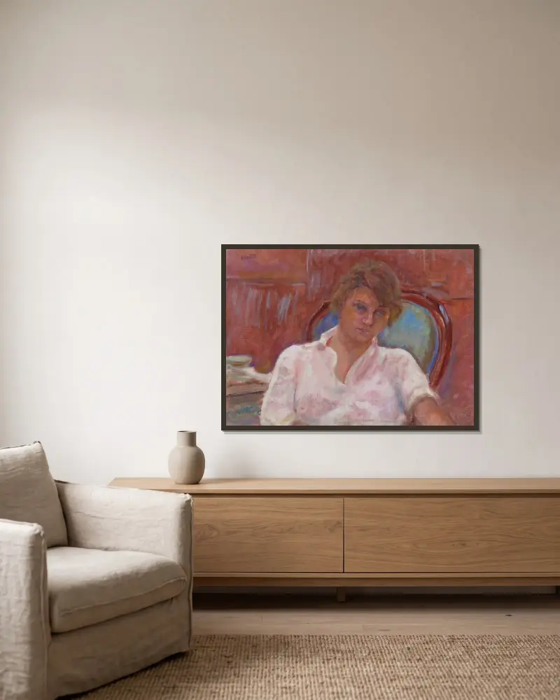 Jeune femme rêvant dans un fauteuil, Harmonie rose av Pierre Bonnard inramad på en vägg
