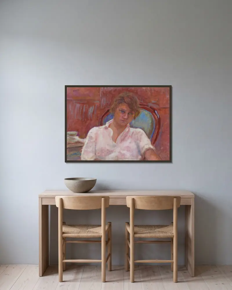 Jeune femme rêvant dans un fauteuil, Harmonie rose av Pierre Bonnard inramad på en vägg