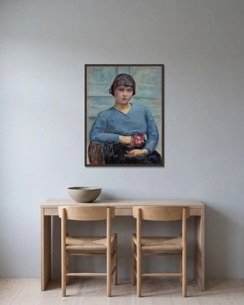 Jeune fille en bleu, à la rose av Pierre Bonnard inramad på en vägg