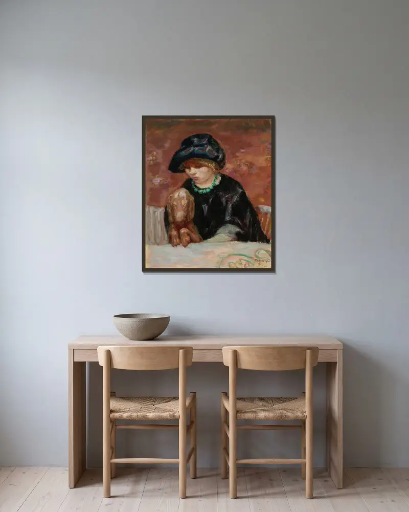 La femme au basset ou Portrait de Marthe Bonnard au basset av Pierre Bonnard inramad på en vägg
