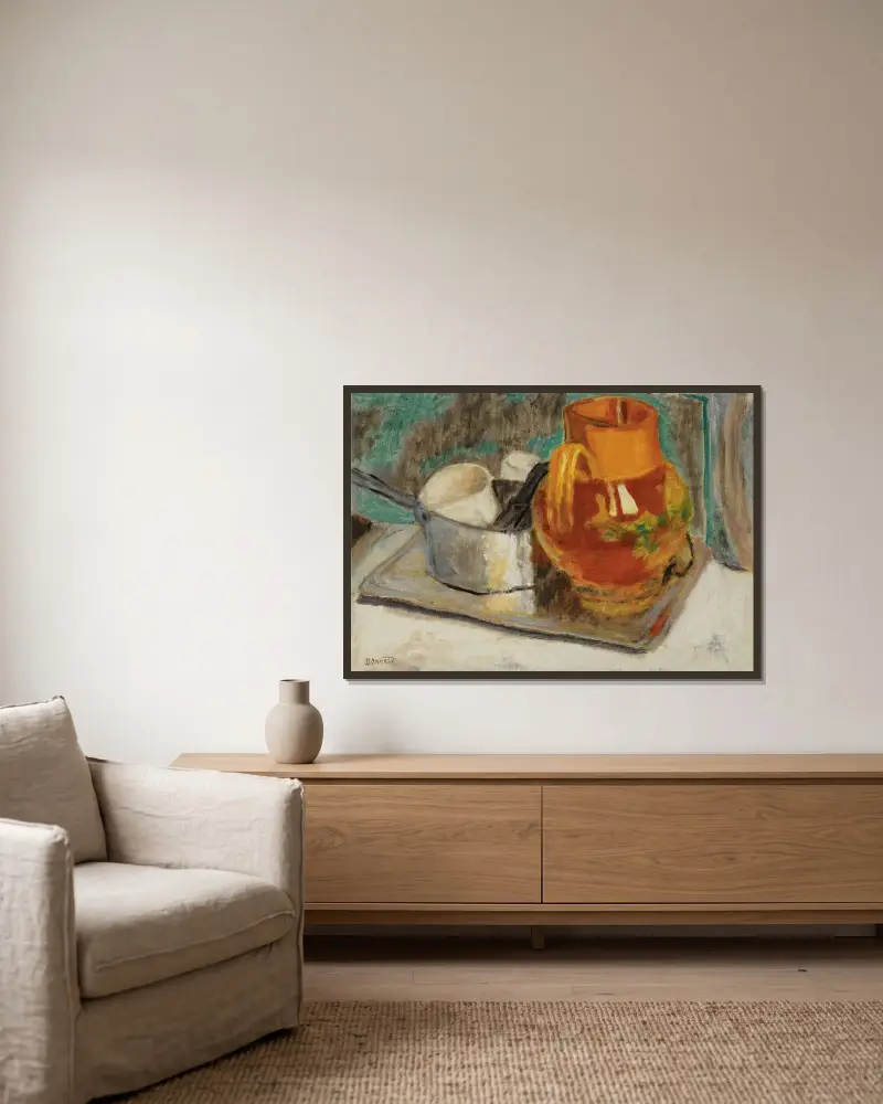 Nature Morte À La Cruche Orange av Pierre Bonnard inramad på en vägg