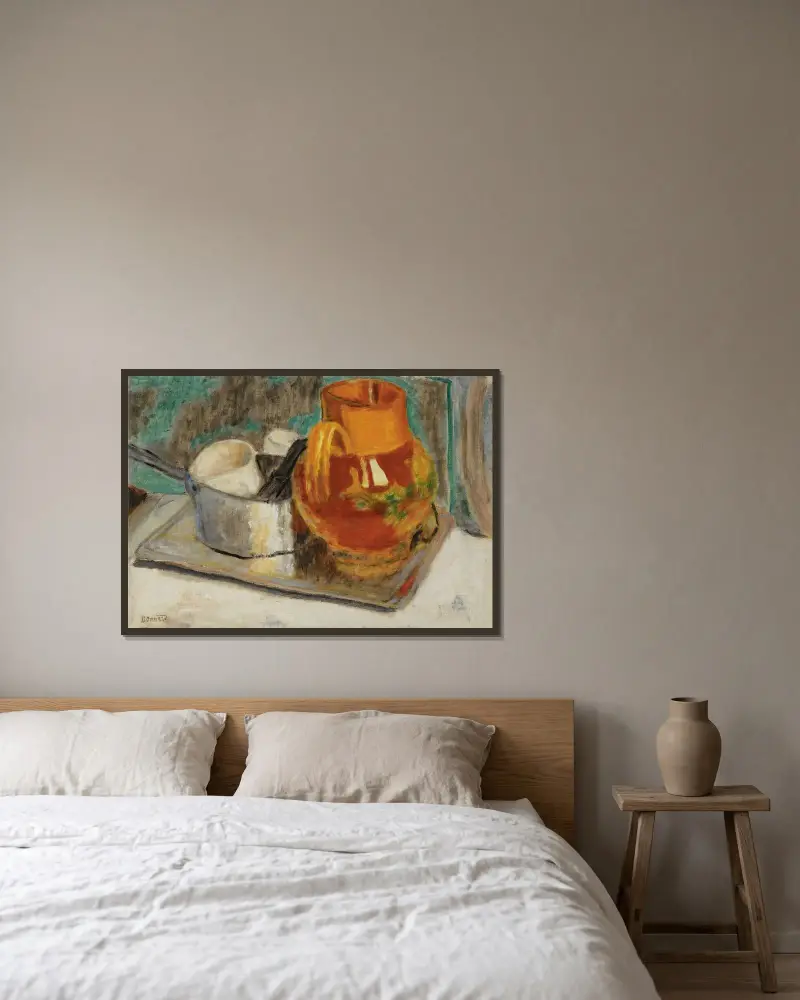 Nature Morte À La Cruche Orange av Pierre Bonnard inramad på en vägg