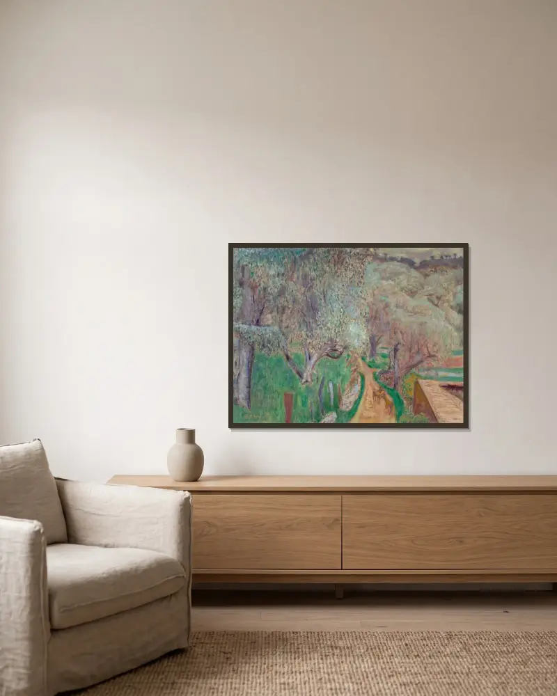 Paysage clair ou Oliviers à Cagnes av Pierre Bonnard inramad på en vägg