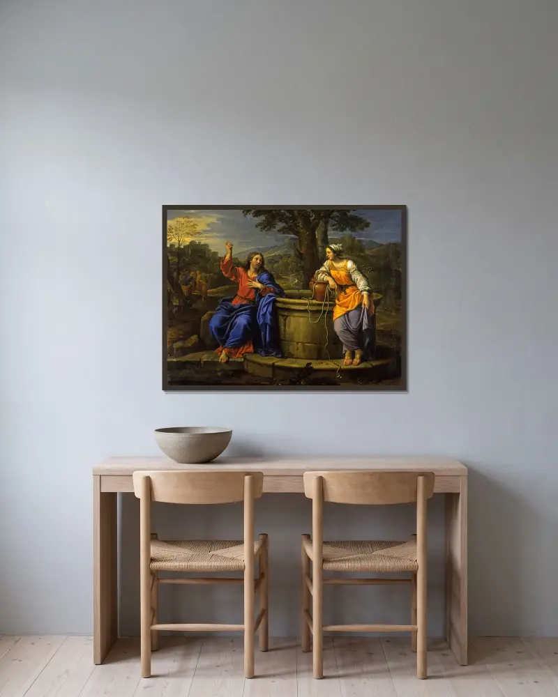 Kristus och kvinnan från Samaria av Pierre Mignard inramad på en vägg
