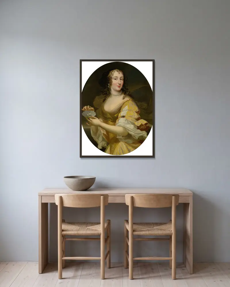 Portrait Of A Lady In Allegorical Guise, Holding A Dish Of Pearls av Pierre Mignard inramad på en vägg
