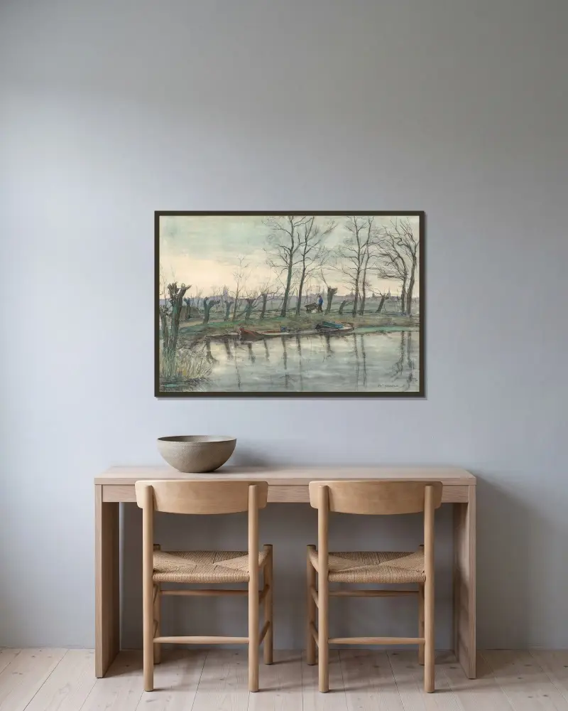 Amsterdam sedd från väster av Piet Mondrian inramad på en vägg