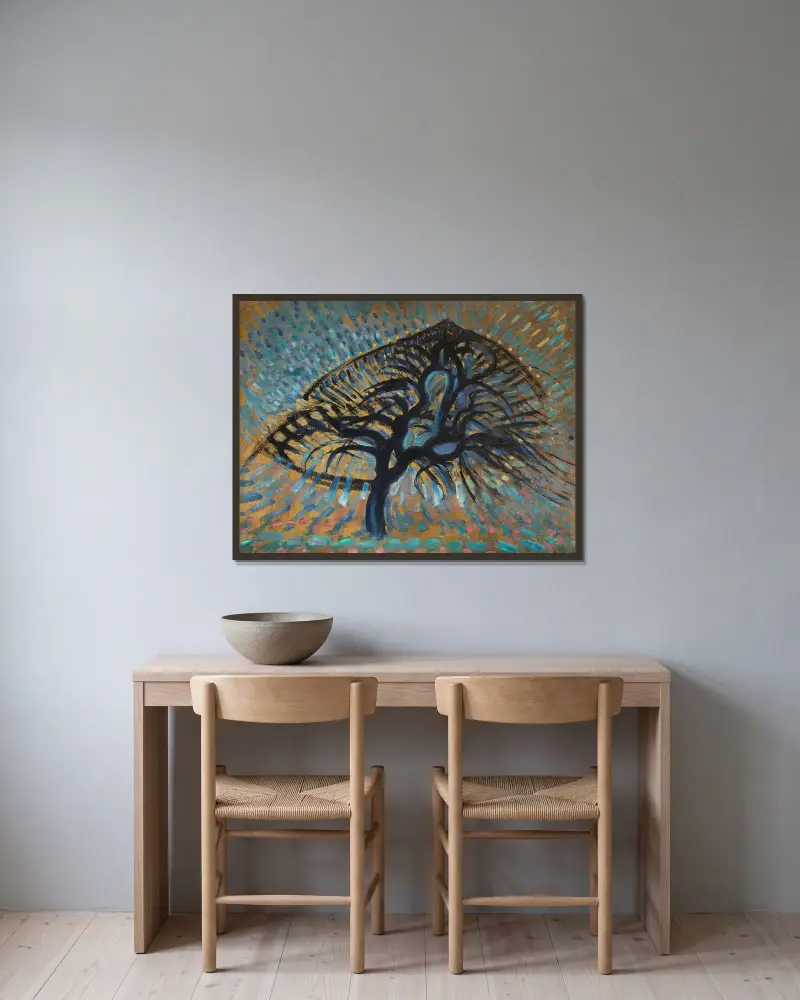 Jabłoń, wersja pointylistyczna, Piet Mondrian w ramie na ścianie
