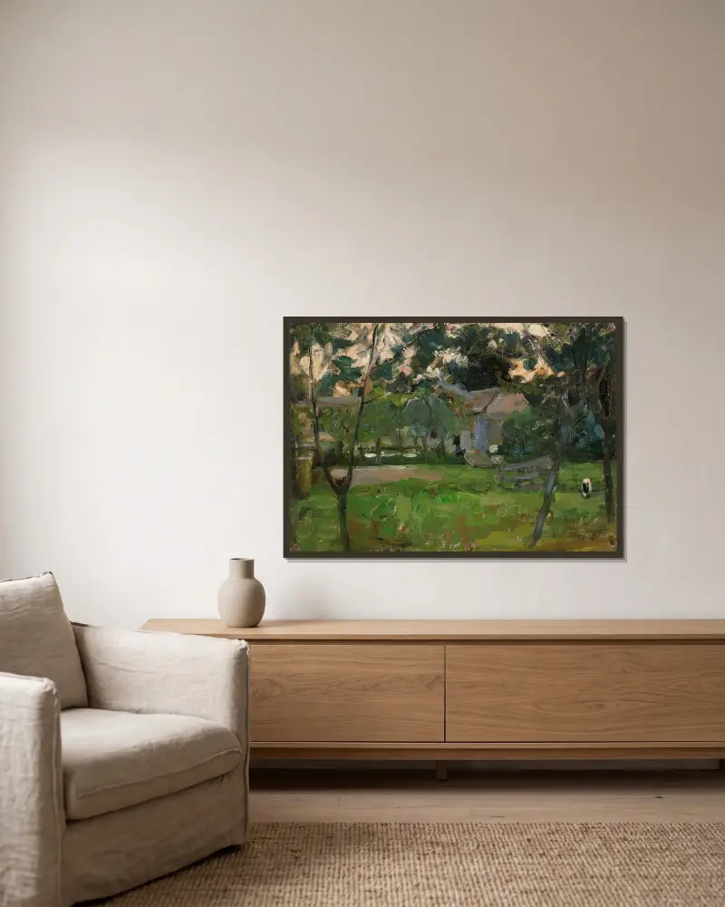 Bondgård i Het Gooi flankerad av unga träd av Piet Mondrian inramad på en vägg