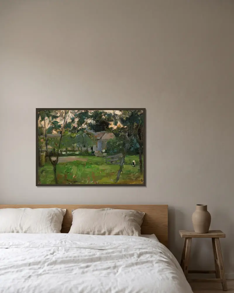 Bondgård i Het Gooi flankerad av unga träd av Piet Mondrian inramad på en vägg
