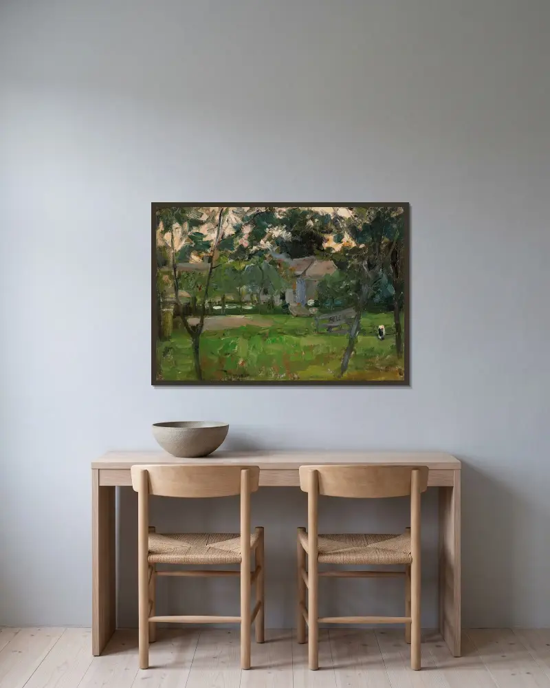 Bondgård i Het Gooi flankerad av unga träd av Piet Mondrian inramad på en vägg