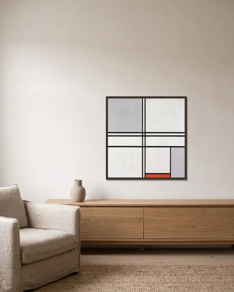 Komposition (nr 1), grå-röd av Piet Mondrian inramad på en vägg