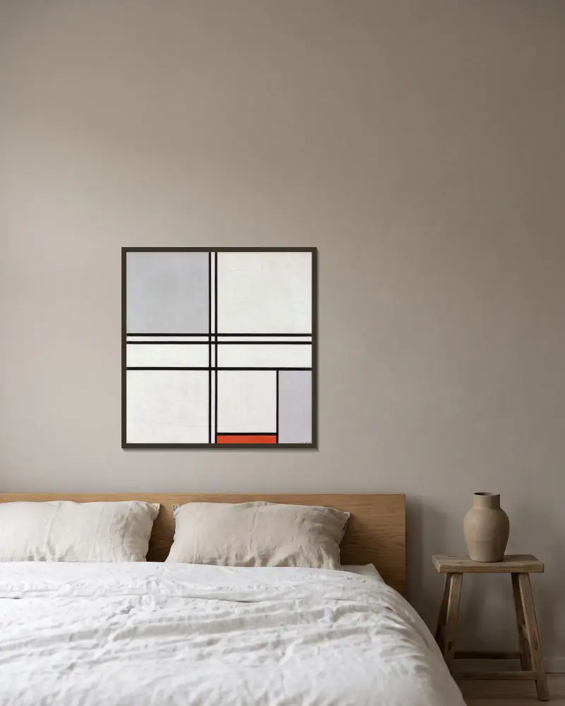 Komposition (nr 1), grå-röd av Piet Mondrian inramad på en vägg