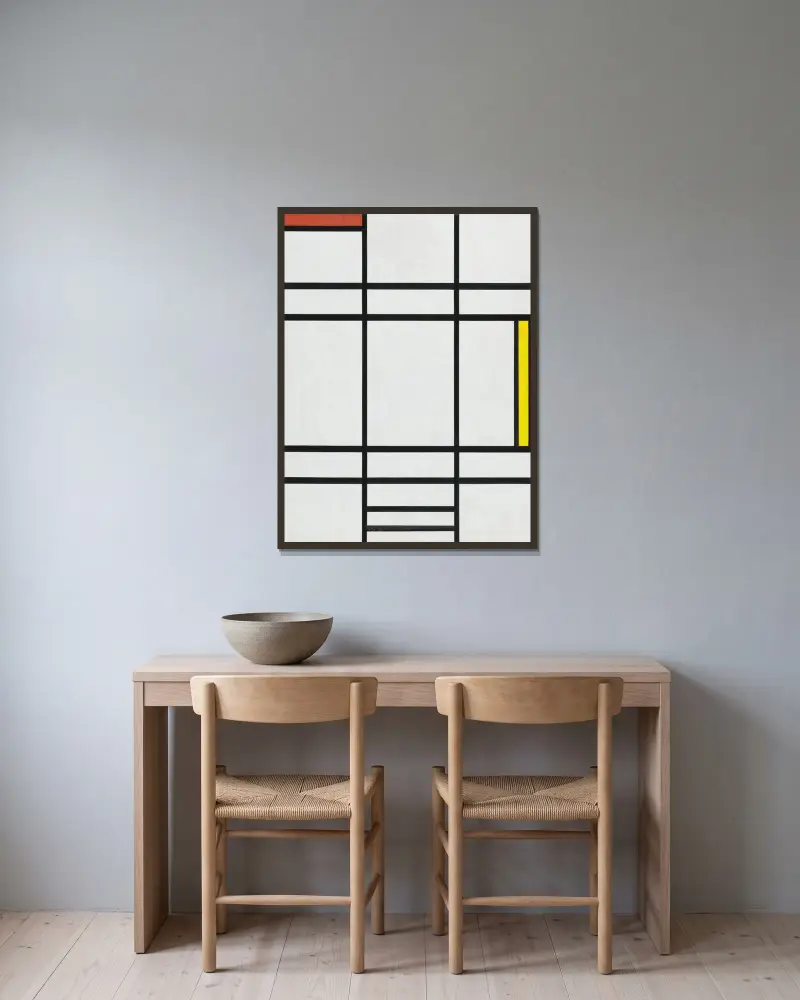 Composition in White, Red, and Yellow av Piet Mondrian inramad på en vägg