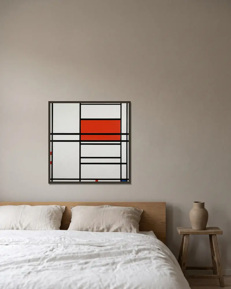 Composition of Red and White; Nom 1,Composition No. 4 with red and blue av Piet Mondrian inramad på en vägg