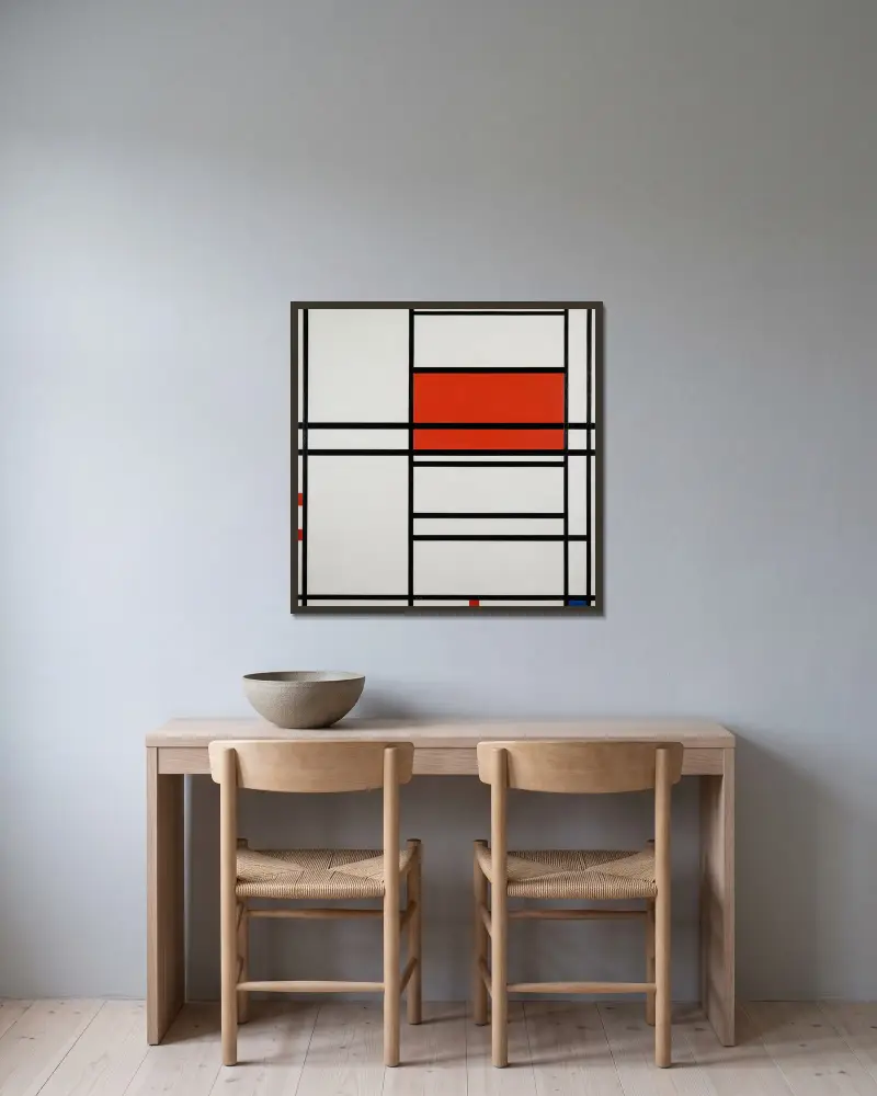 Composition of Red and White; Nom 1,Composition No. 4 with red and blue av Piet Mondrian inramad på en vägg