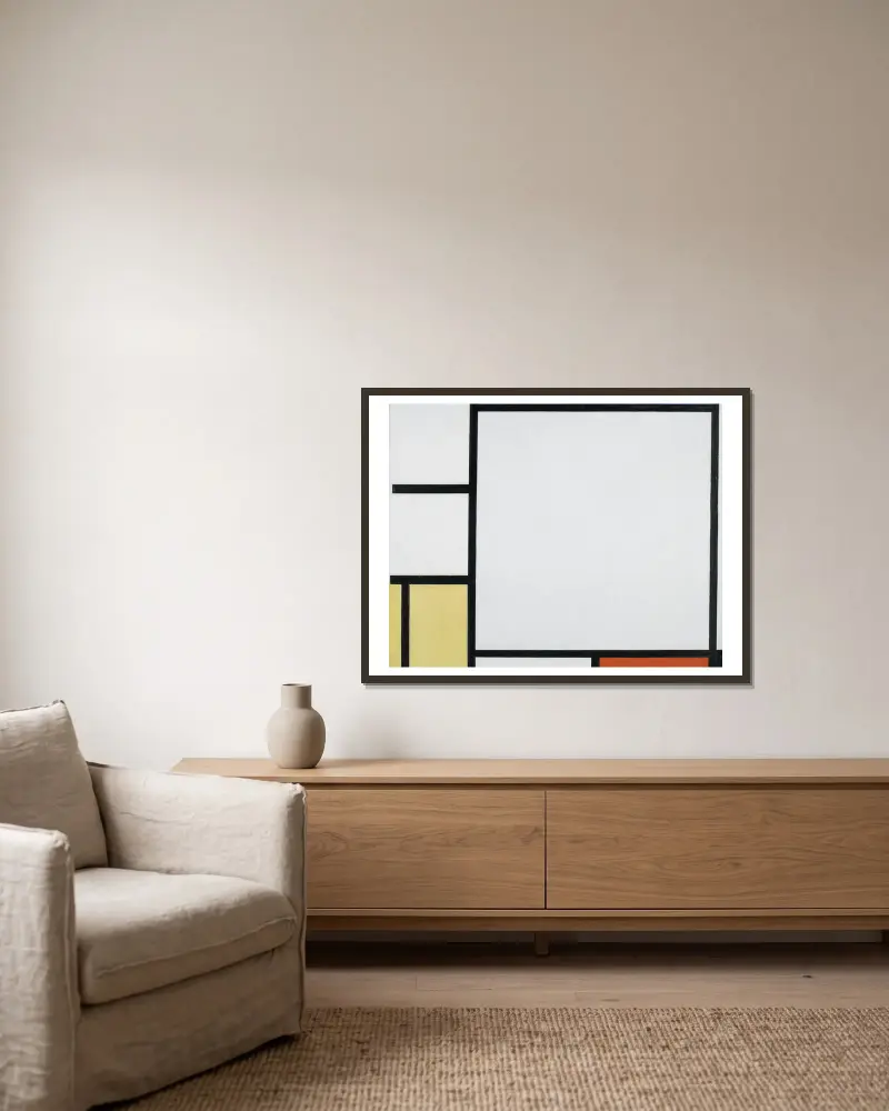 Composition with Blue, Red, Yellow, and Black av Piet Mondrian inramad på en vägg