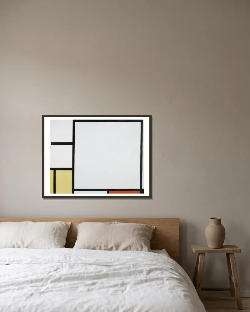 Composition with Blue, Red, Yellow, and Black av Piet Mondrian inramad på en vägg