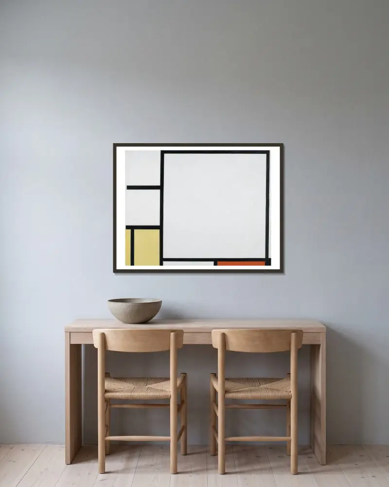 Composition with Blue, Red, Yellow, and Black av Piet Mondrian inramad på en vägg