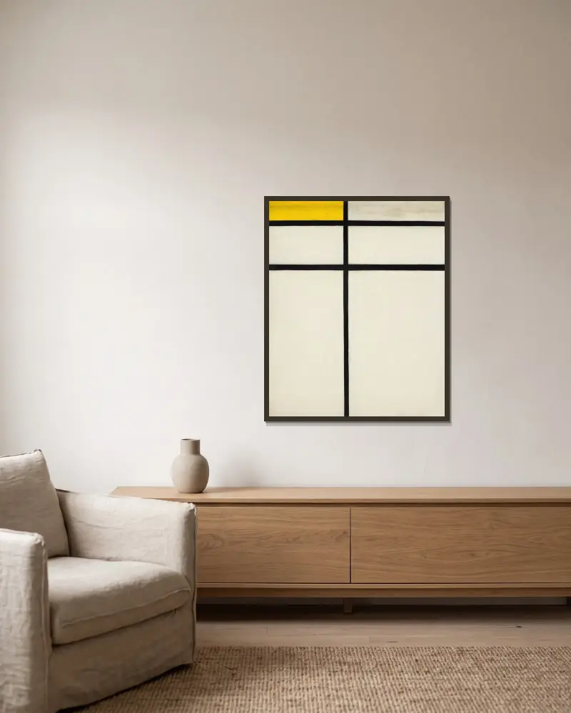 Komposition med dubbellinje och gult av Piet Mondrian inramad på en vägg