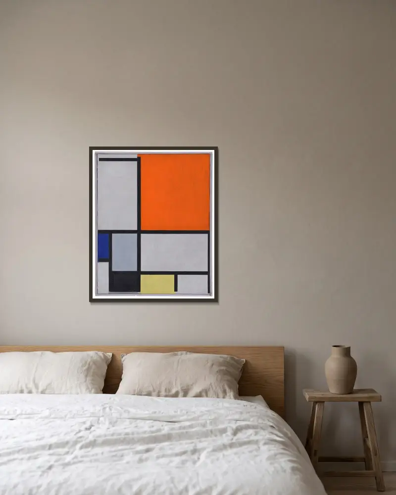 Komposition med stort rött plan, blått, grått, svart och gult av Piet Mondrian inramad på en vägg
