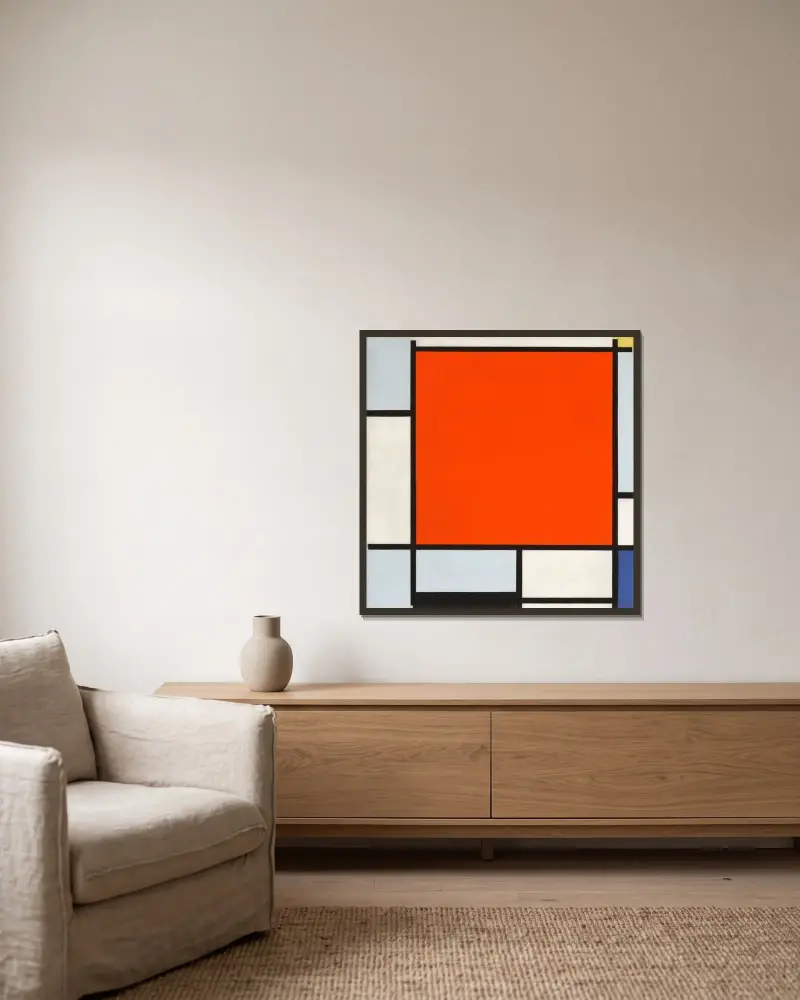 Komposition med stor röd plan, blågrått, gult, svart och blått av Piet Mondrian inramad på en vägg