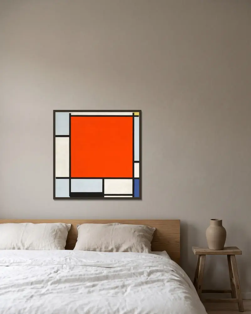 Komposition med stor röd plan, blågrått, gult, svart och blått av Piet Mondrian inramad på en vägg